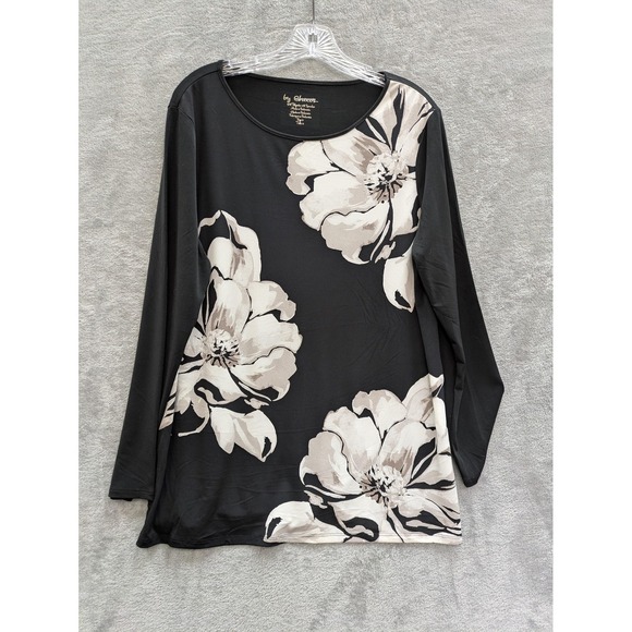Chico's Tops - Chico's‎ Shirt Womens 2 Black Floral Scoop Neck Long Sleeve Tunic Top Stretch